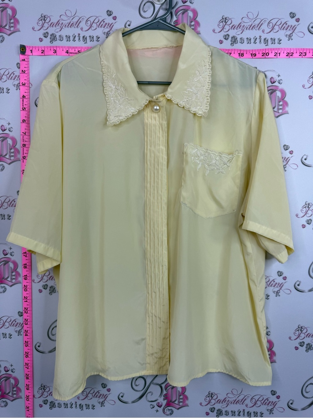 Vintage shirt button up embroidery Pale Yellow Blouse with Lace Collar pearl
